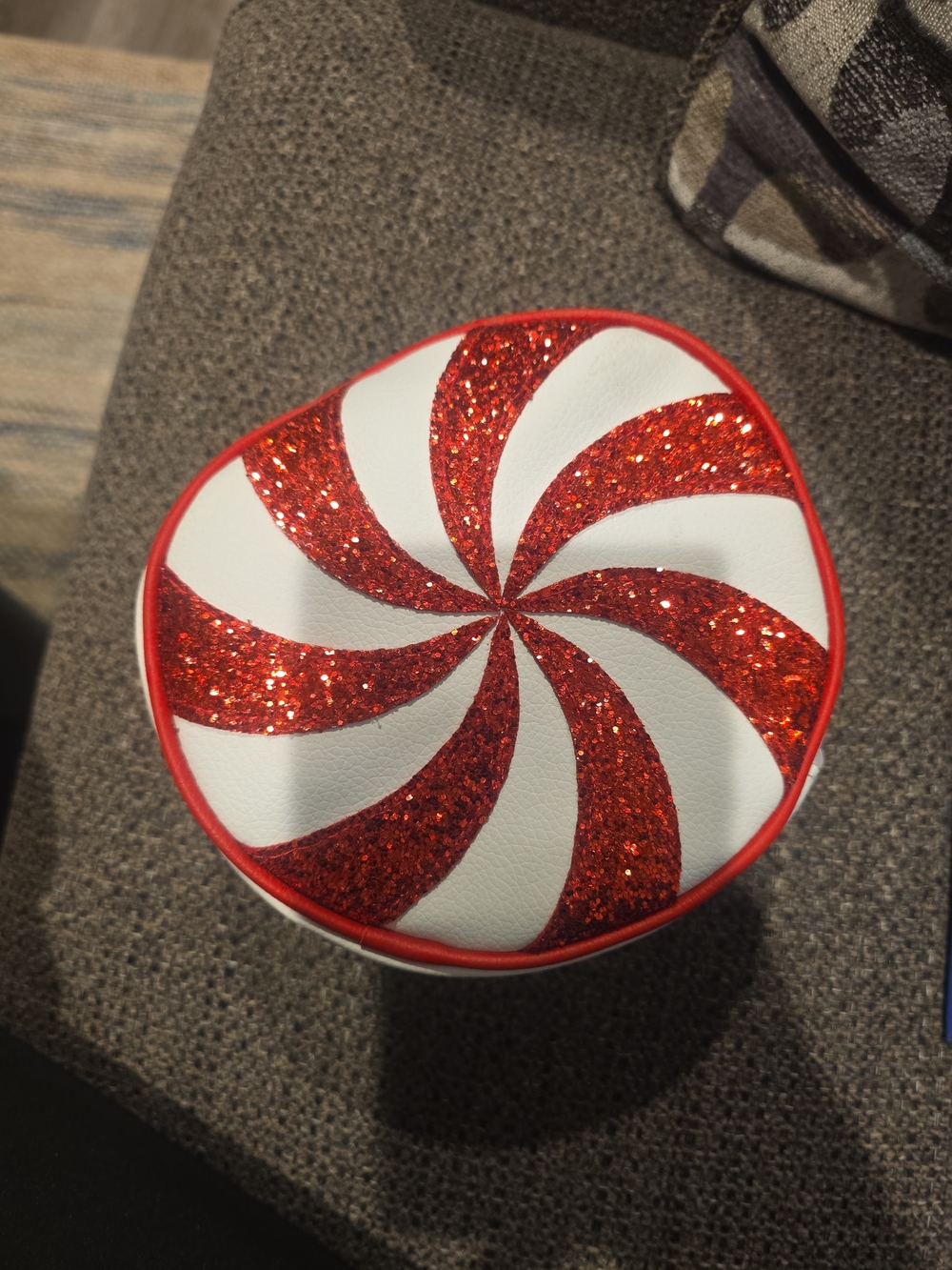 Red & White Glitter Peppermint Round Pouch